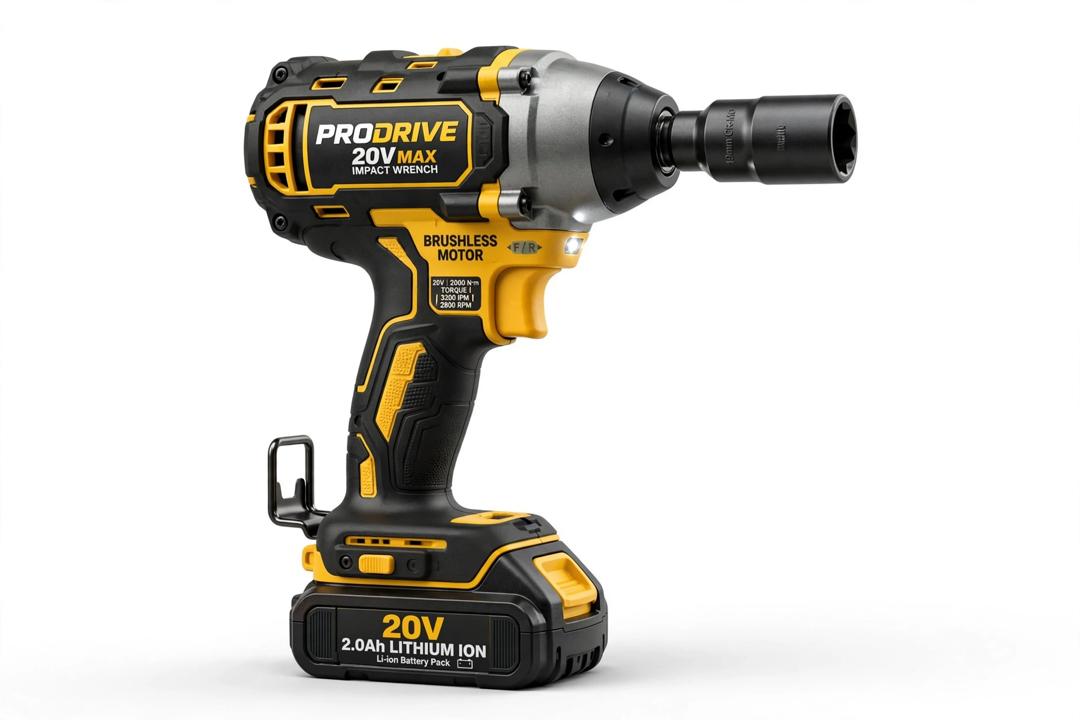 A DeWalt ProDrive 20V Max impact wrench with a black and yellow color scheme, shown with its battery attached against a white background.